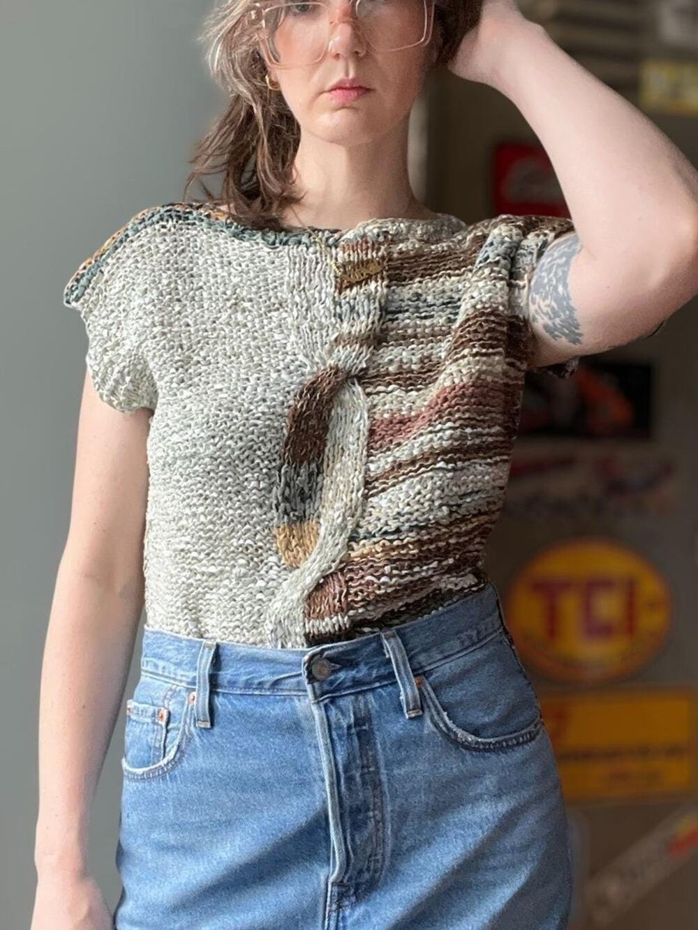 Vintage 80s Hand Woven Leather Top | Art to Wear Southwest Blouse Patchwork | M